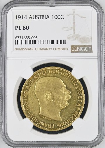 オーストリア1914年100コロナ金貨NGC PL60画像