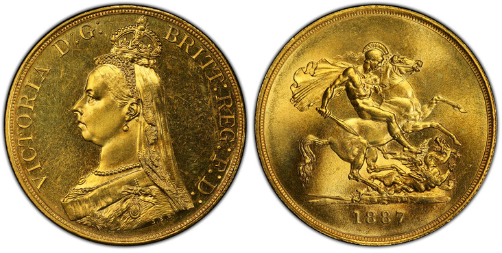 イギリス1887年ヴィクトリア5ポンド金貨PCGS MS64の画像