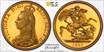 イギリス1887年ヴィクトリア2ポンド金貨PCGSPR64DCAM画像
