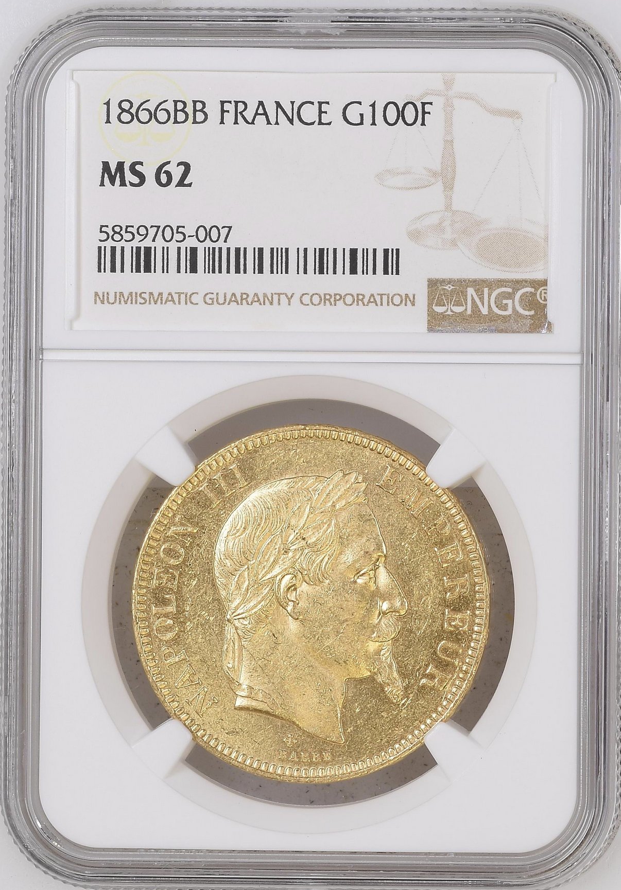 フランス1866年ナポレオン100フラン金貨NGC MS62画像