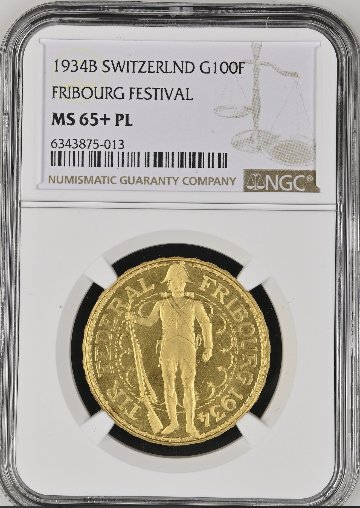 スイス1934年フリブールシューテイング 100フラン金貨MS65+PL画像