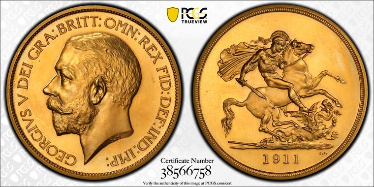 イギリス1911年ジョージ5世5ポンド金貨 PCGS PR64の画像