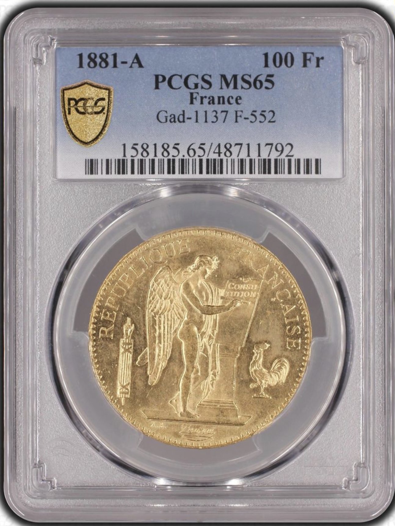 フランス1881年100フラン金貨PCGS MS65　最高鑑定画像