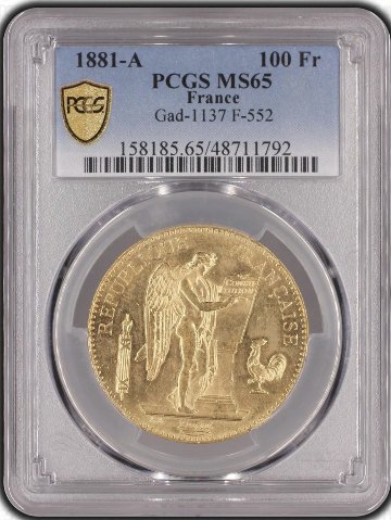 フランス1881年100フラン金貨PCGS MS65　最高鑑定の画像