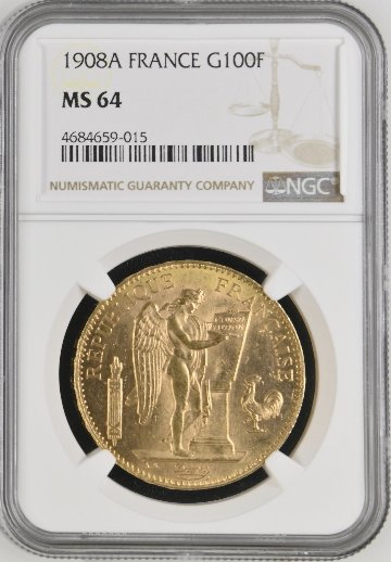 フランス1908年100フラン金貨NGC MS64画像