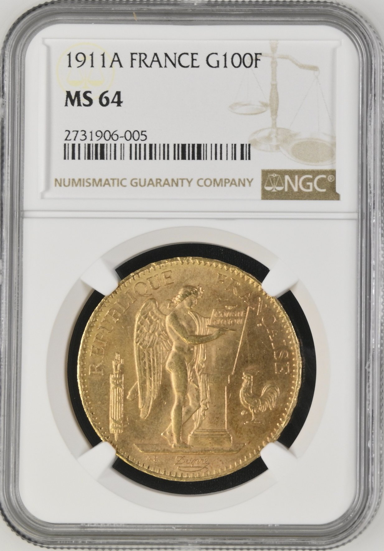 フランス1911年100フラン金貨NGC MS64画像