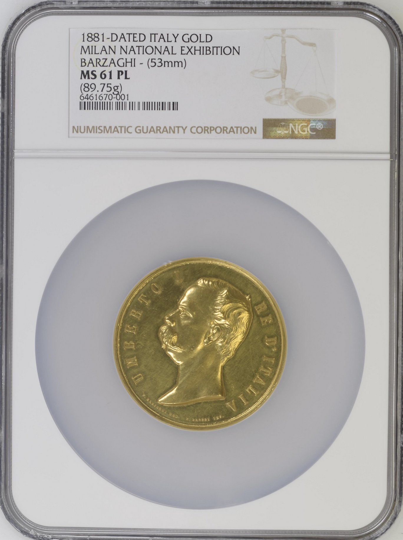 イタリア1881年ミラノ博覧会 大型金メダルMS61PL画像