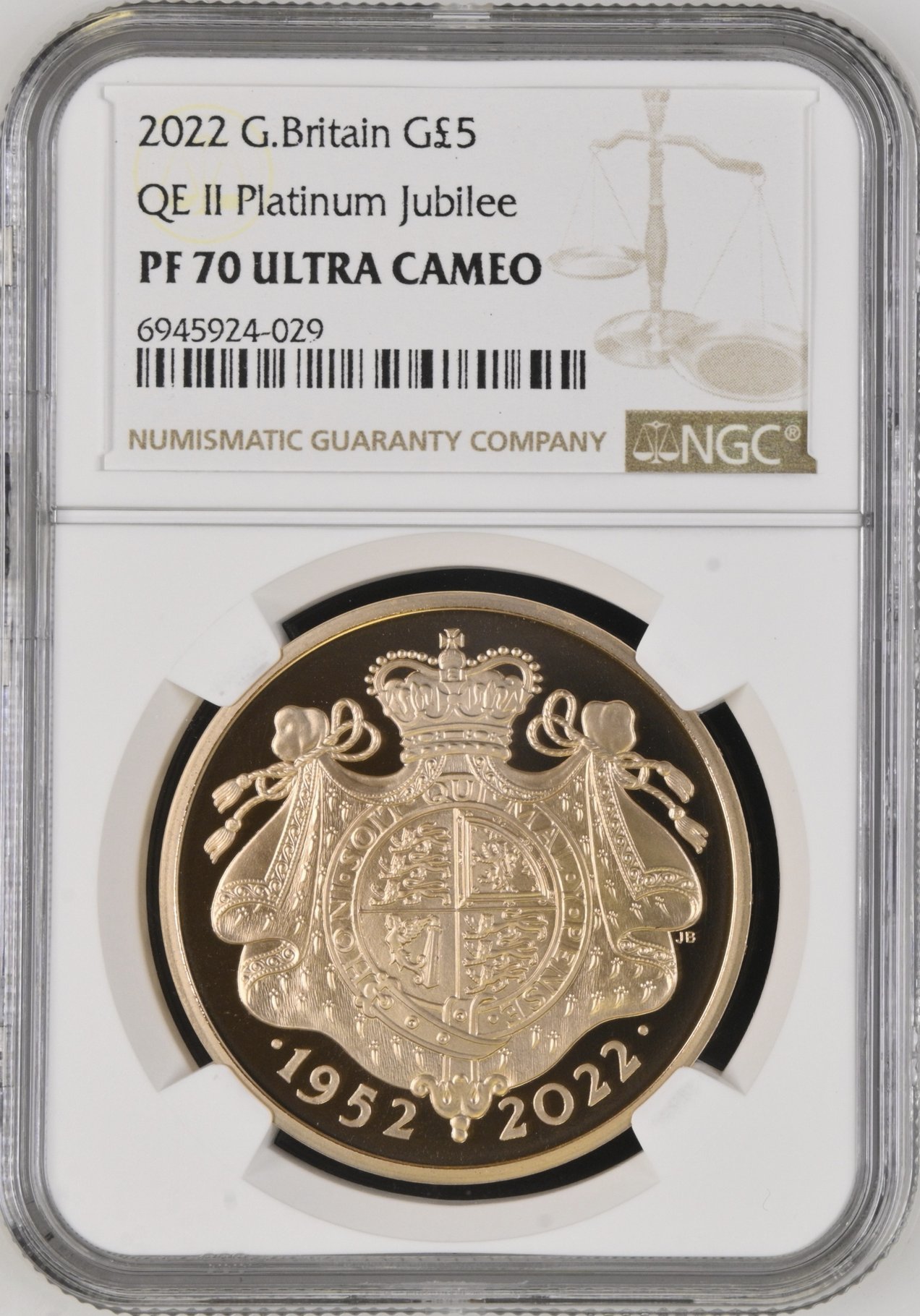 イギリス2022年プラチナジュビリー5ポンド金貨 NGC PF70 UCAM画像