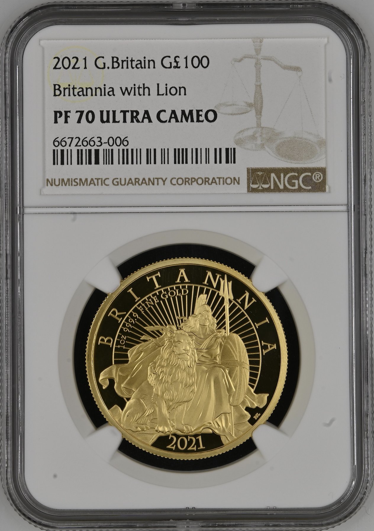 イギリス2021年ブリタニア＆ライオン100ポンド金貨 NGC PF70 UCAM 