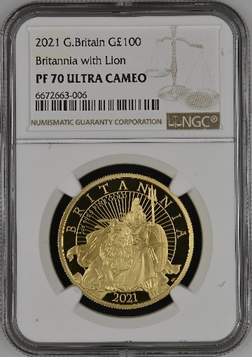 イギリス2021年ブリタニア＆ライオン100ポンド金貨 NGC PF70 UCAMの画像