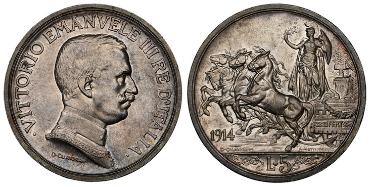 イタリア1914年5リレ銀貨クワドリガ NGC MS63の画像