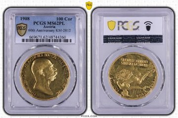 オーストリア1908年100コロナ金貨PCGS MS62PL　雲上の女神の画像