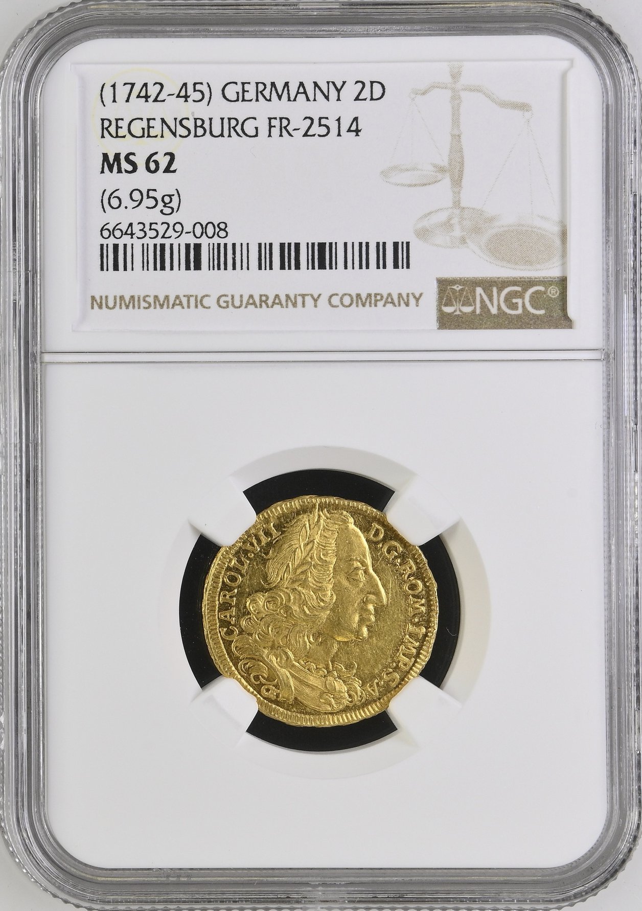 ドイツ1742-45年レーゲンスブルク都市景観2ダカット金貨MS62 最高鑑定の画像