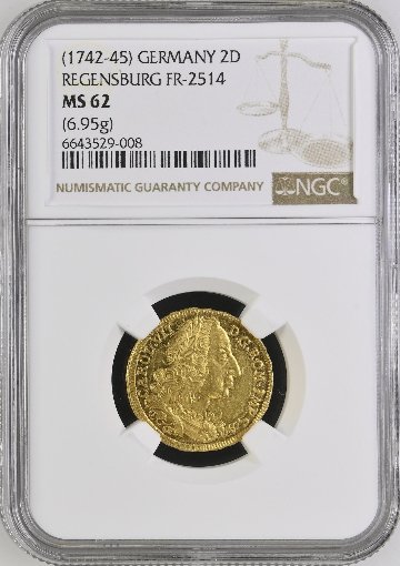 ドイツ1742-45年レーゲンスブルク都市景観2ダカット金貨MS62 最高鑑定の画像