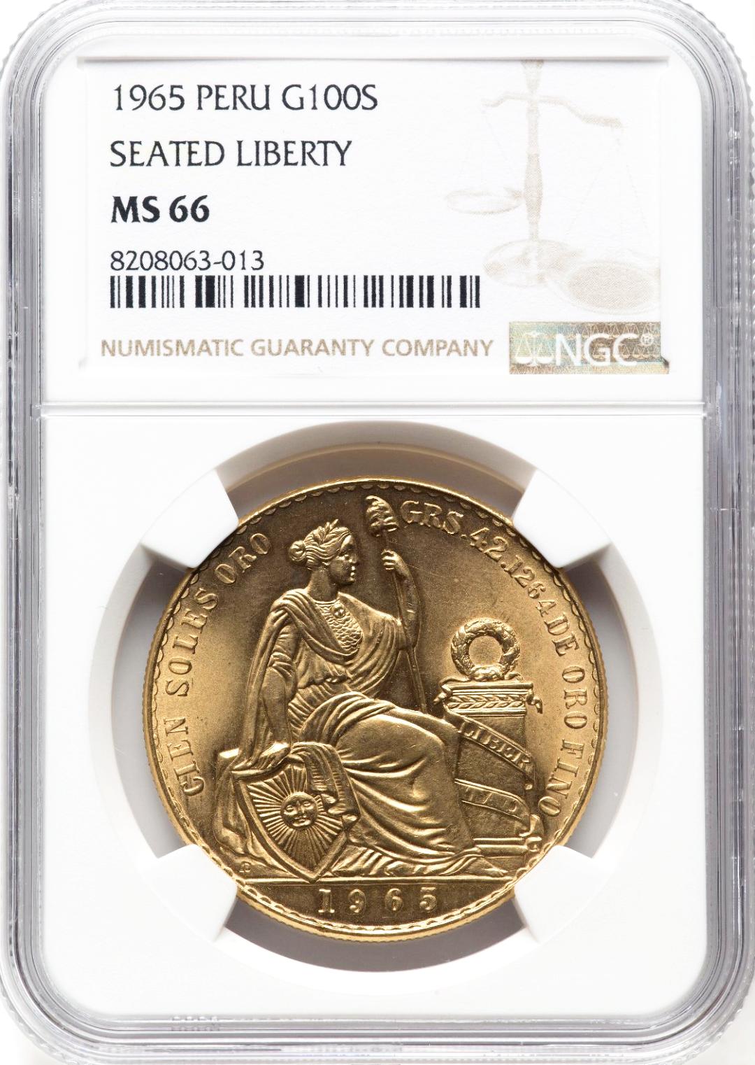 ペルー1965年100ソル金貨 NGC MS66の画像