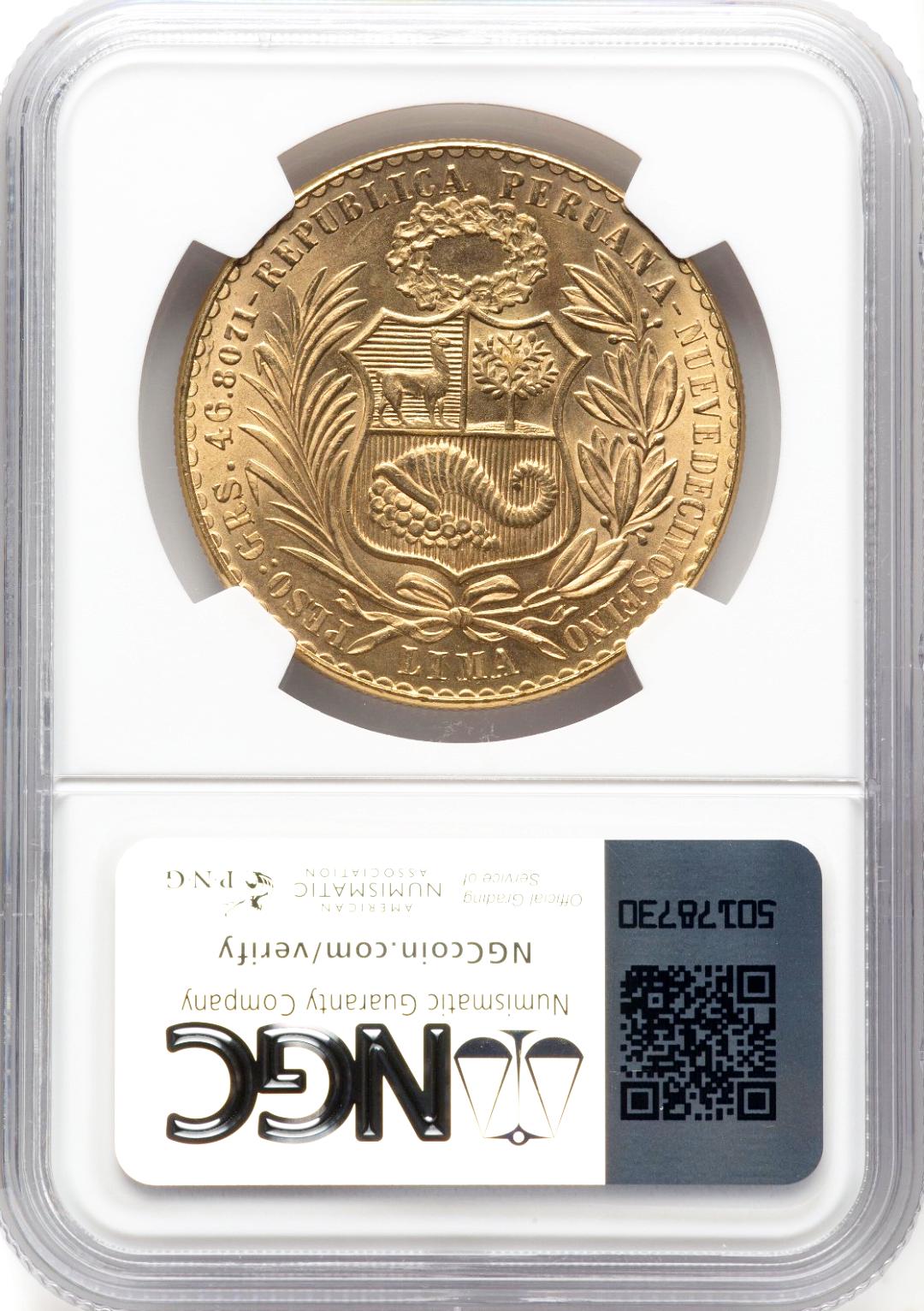 ペルー1965年100ソル金貨 NGC MS66の画像