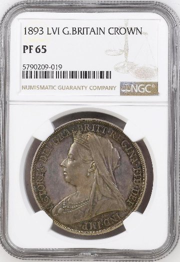 イギリス1893年ヴィクトリアヴェールドクラウンプルーフ銀貨 NGC PF65 の画像