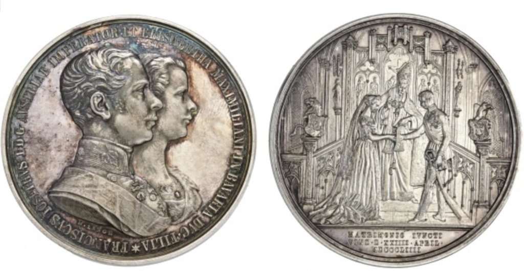 オーストリア1854年ヨーゼフ＆エリザベート結婚銀メダル MS70 リストライクの画像