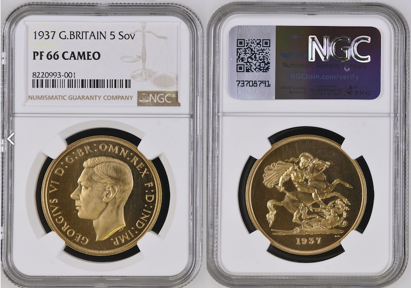 イギリス1937年ジョージ6世5ポンド金貨 NGC PF66 CAMの画像