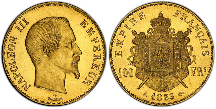 フランス1855年A 100フラン金貨ナポレオン3世PCGS MS62の画像