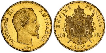 フランス1855年A 100フラン金貨ナポレオン3世PCGS MS62の画像