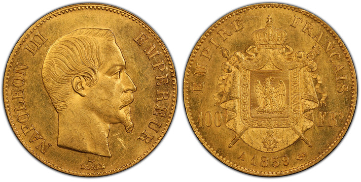フランス1859年A 100フラン金貨ナポレオン3世PCGS MS62の画像