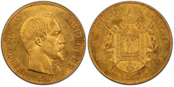 フランス1859年A 100フラン金貨ナポレオン3世PCGS MS62の画像