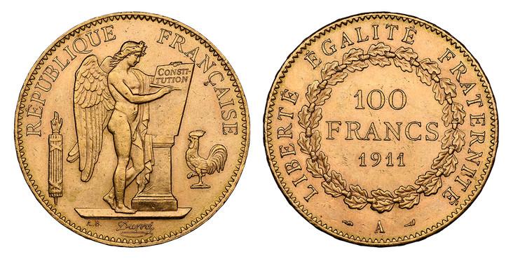 フランス1911年A 100フラン金貨 NGC MS63の画像