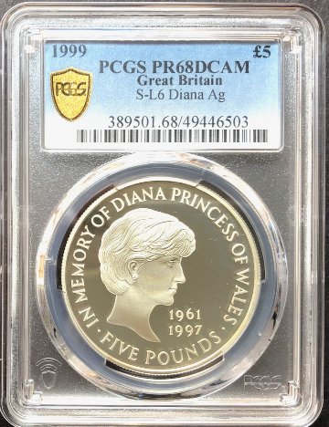 イギリス1999年ダイアナ5ポンド銀貨 PCGS PR68 DCAMの画像