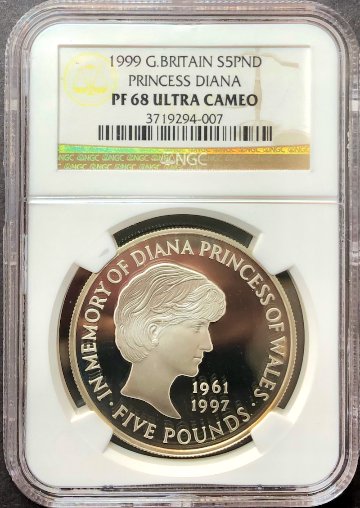 イギリス1999年ダイアナ5ポンド銀貨 NGC PF68 DCAMの画像