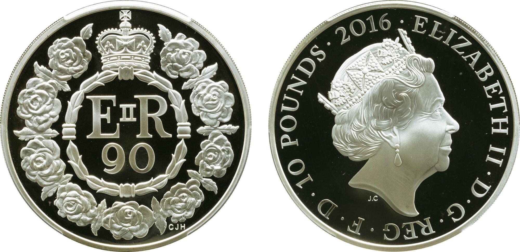イギリス2016年エリザベス90歳10ポンド 5オンス銀貨 PCGS PR69DCAMの画像