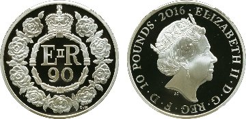イギリス2016年エリザベス90歳10ポンド 5オンス銀貨 PCGS PR69DCAMの画像