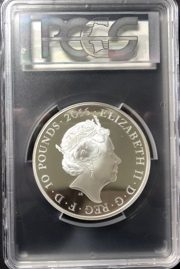 イギリス2016年エリザベス90歳10ポンド 5オンス銀貨 PCGS PR69DCAMの画像
