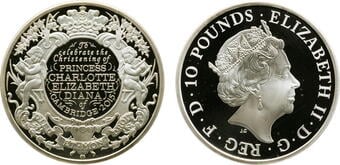 イギリス2015年シャーロット洗礼 10ポンド 5オンス銀貨 PCGS PR69DCAMの画像
