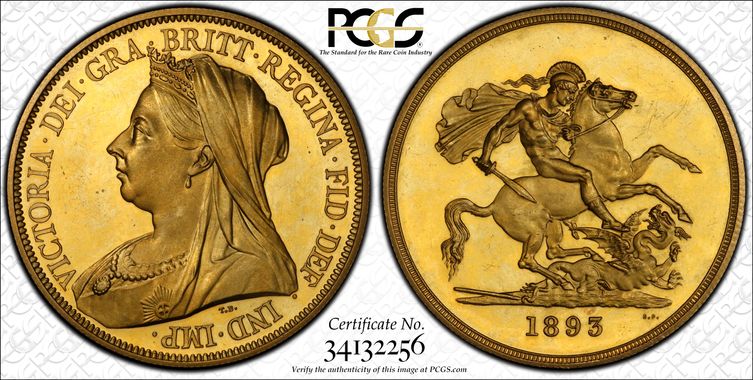 イギリス1893年ヴィクトリアプルーフ5ポンド金貨PCGS PR62+CAMの画像