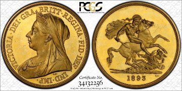 イギリス1893年ヴィクトリアプルーフ5ポンド金貨PCGS PR62+CAMの画像