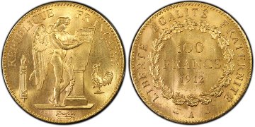フランス1912年エンジェル100フラン PCGS MS65 最高鑑定の画像