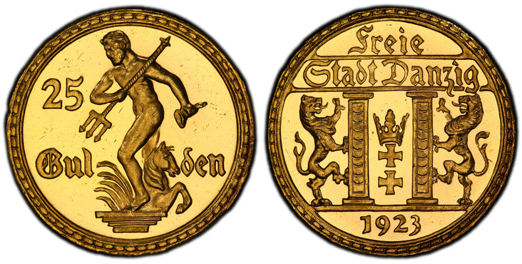 ダンツィヒ1923年25グルデン金貨PCGS PR65DCAM 最高鑑定の画像