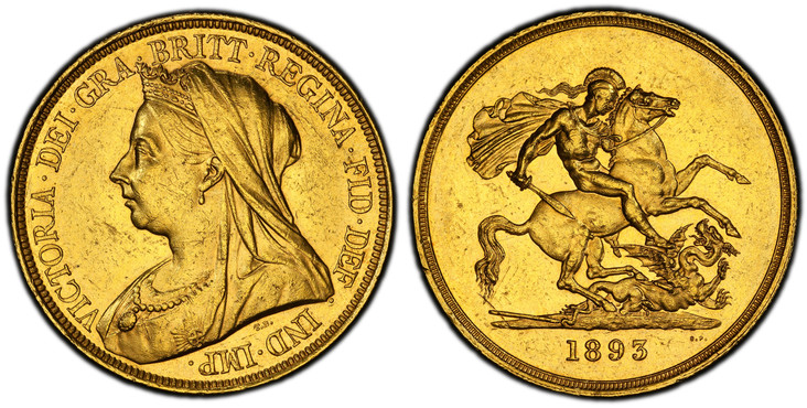 イギリス1893年ヴィクトリア5ポンド金貨 PCGS MS61の画像