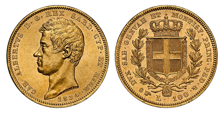 イタリア サルディーニャ1834年100リレ金貨 NGC MS63の画像