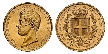 イタリア サルディーニャ1834年100リレ金貨 NGC MS63の画像