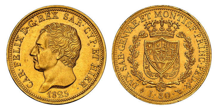 イタリア サルディーニャ1825年80リレ金貨 NGC MS61の画像