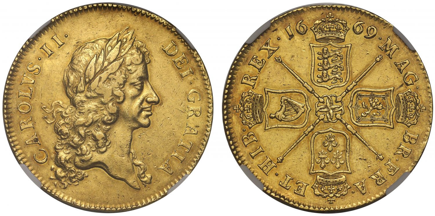 イギリス1669年チャールズ2世5ギニー金貨 NGC AU53の画像