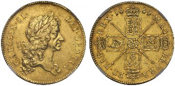 イギリス1669年チャールズ2世5ギニー金貨 NGC AU53の画像