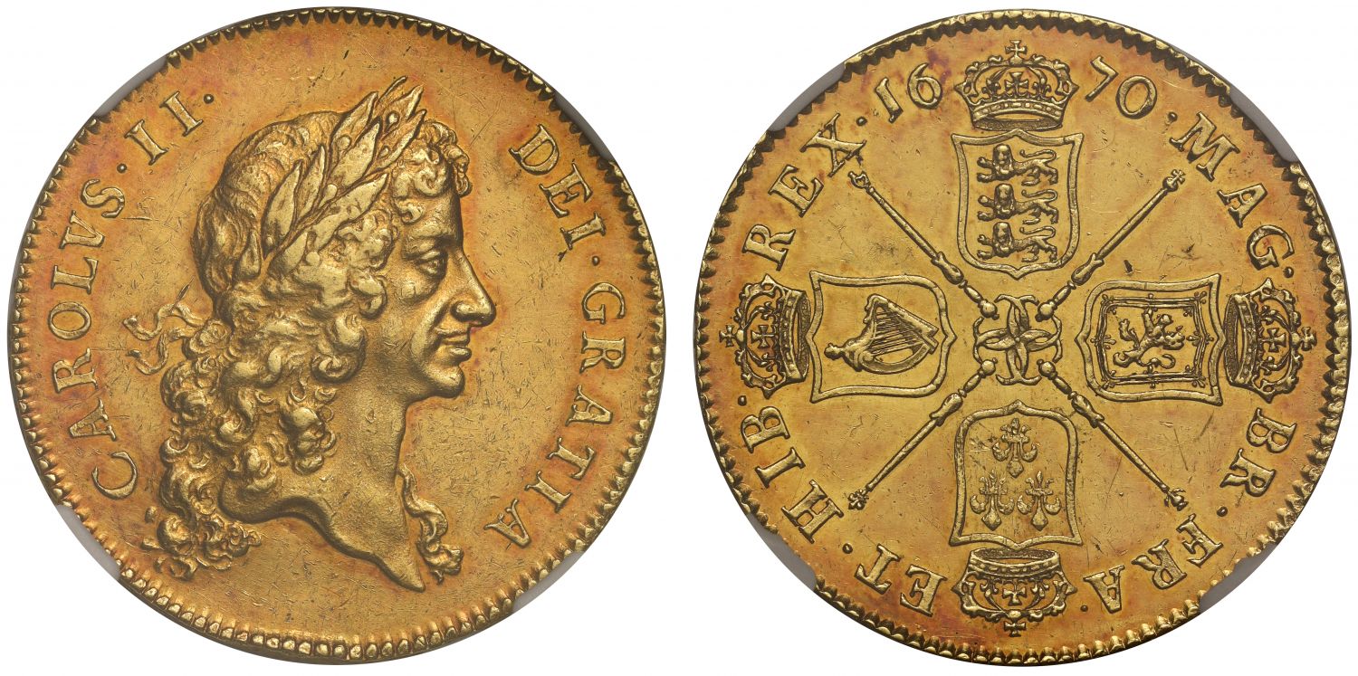 イギリス1670年チャールズ2世5ギニー金貨 NGC AU58の画像