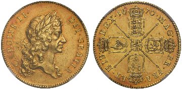 イギリス1670年チャールズ2世5ギニー金貨 NGC AU58の画像