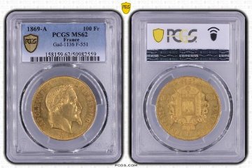 フランス1869年100フラン金貨ナポレオン3世 PCGS MS62の画像