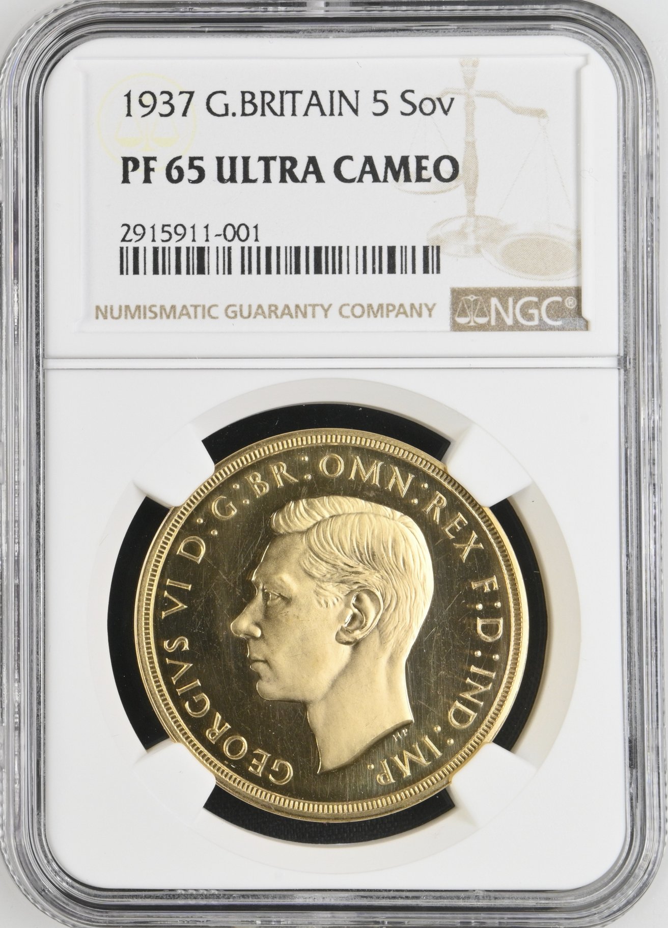 イギリス1937年ジョージ6世5ポンド金貨 NGC PF65 UCAMを委託でお預かりしました。の画像