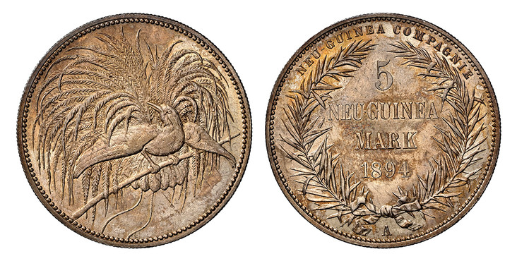 ドイツニューギニア1894年5マルク銀貨極楽鳥 NGC MS63の画像