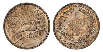 ドイツニューギニア1894年5マルク銀貨極楽鳥 NGC MS63の画像